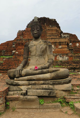 Fototapeta premium Buddha in Ayyuthaya, Thailand. Buddha is surrounded by ruins and holding a pink flower. 