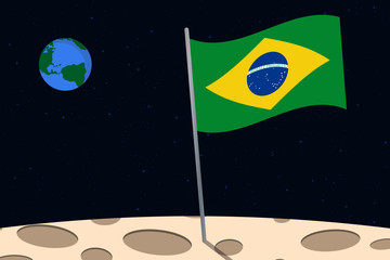 View of planet Earth from the surface of the Moon with the Brazil flag and holes on the ground