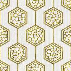 Fototapety  Złoty i biały wzór patchworku na sześciokątnych płytkach, grunge tekstur, ilustracja 3d