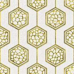 Printed roller blinds 3D Gold and white patchwork pattern on hexagonal tiles, grunge texture, 3d illustration