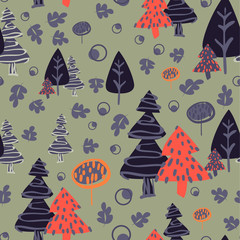 vector seamless colorful pattern. Backdrop image with cute doodle-style nature parts: trees, grass, and flowers - 347656419
