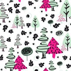 vector seamless colorful pattern. Backdrop image with cute doodle-style nature parts: trees, grass, and flowers - 347656436