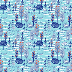 vector seamless colorful pattern. Backdrop image with cute doodle-style nature parts: trees, grass, and flowers - 347656477