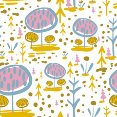 vector seamless colorful pattern. Backdrop image with cute doodle-style nature parts: trees, grass, and flowers