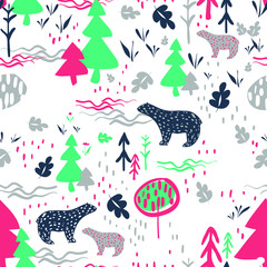 vector seamless colorful pattern. Backdrop image with cute doodle-style trees, flowers, and bear's silhouette - 347656622