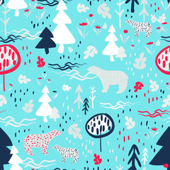 vector seamless colorful pattern. Backdrop image with cute doodle-style trees, flowers, and bear's silhouette - 347656653