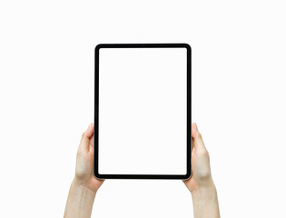 Close-up of hand holding black tablet isolated on white background.