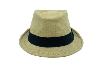 Straw beach hat fashion summer for men isolated on white background with clipping path. Vintage-style classic light brown color. Beautiful and helps protect the sun.