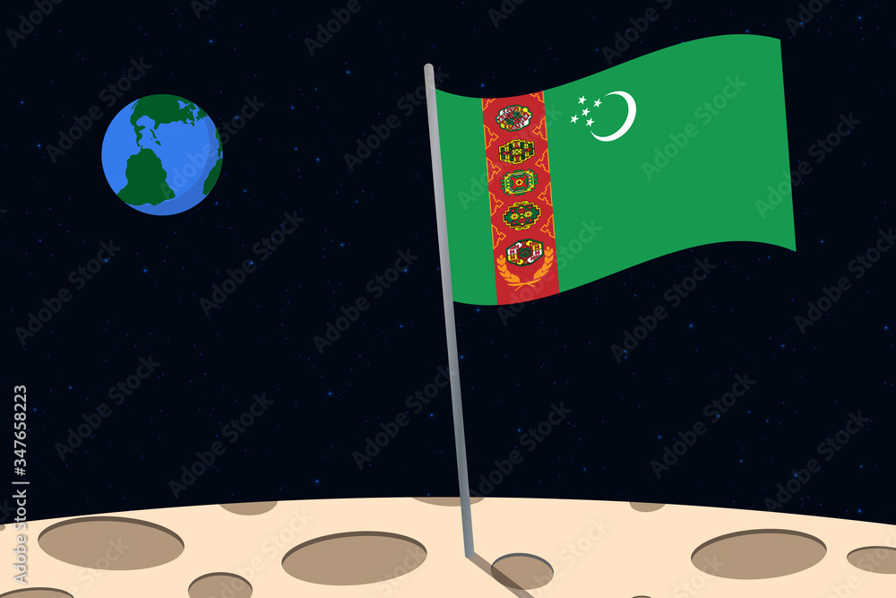 Wall mural View of planet Earth from the surface of the Moon with the Turkmenistan flag and holes on the ground - Wall murals