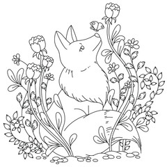 vector coloring book page for adult. stylized cartoon image, fox with flowers and plants milieu. anti-stress relaxing pattern.