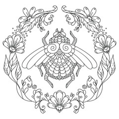 vector coloring book page for adult. stylized cartoon image, insect with floral pattern in zentangle art-style