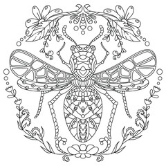 vector coloring book page for adult. stylized cartoon image, insect with floral pattern in zentangle art-style - 347658461