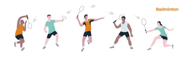 Vector illustration of people men and women playing badminton. Concept of sport activity and diversity. - 347659270