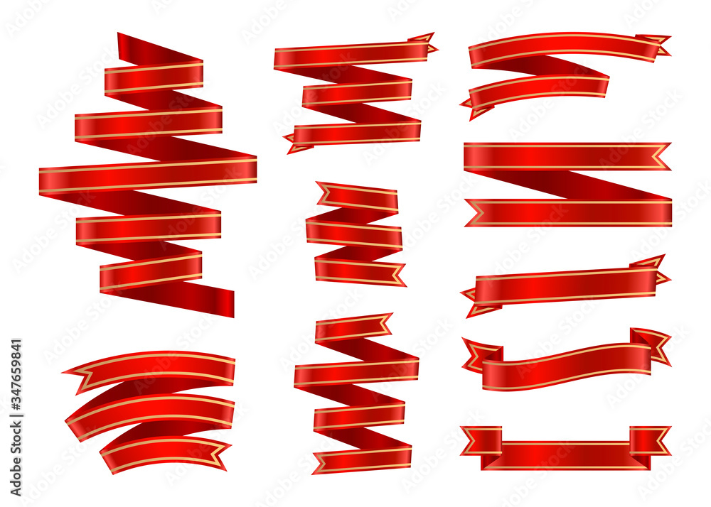 Poster satin red ribbons with gold frame set. gradient foil background banner. blank template different sha