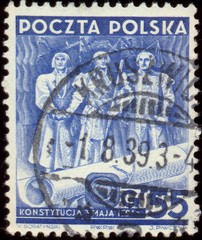 Kruszwica. Kasownik / datownik pocztowy (1939) odbity na znaczku pocztowym z serii historycznej – Konstytucja 3. Maja 1791 – (55 gr, Fi.318).