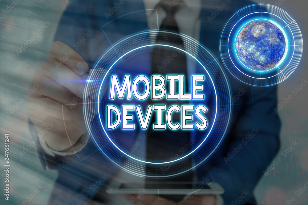 Poster conceptual hand writing showing mobile devices. concept meaning a portable computing device like sma