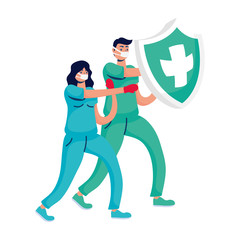 professional doctors couple boxing with gloves and shield