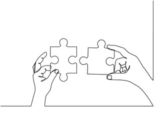 Continuous line drawing of hands solving Two Puzzle Pieces. Concept of business teamwork and integration with puzzle. Teamwork and partnership concept of two businessman isolated on white background.