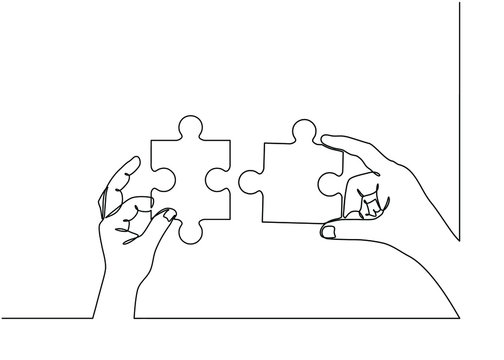 recommend clip art: Continuous line drawing of hands solving Two Puzzle Pieces. Concept of business teamwork and integration with puzzle. Teamwork and partnership concept of two businessman isolated on white background.