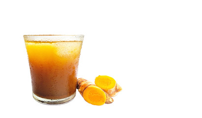 Traditional medicine from Indonesia named Jamu. Healthy drinks made from herbal plants are yellow turmeric