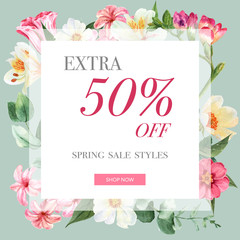Spring social media frame fresh flowers, decor card with floral colorful garden, wedding, invitation, watercolor vector illustration design