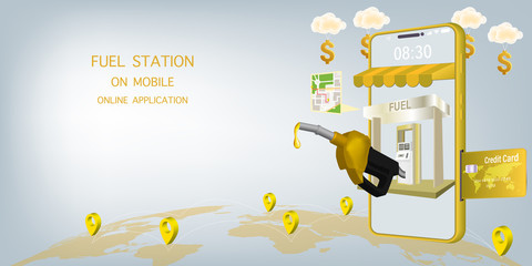 Fuel Station Online on Website or Mobile Application Vector Concept Fuel on mobile, Online Application full service concept.