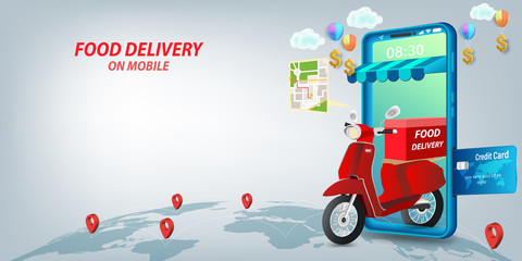 Fast delivery by scooter on mobile. E-commerce and order concept. Online food delivery order infographic. Webpage, app design. Vector illustration