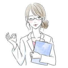 OKサインをしてウインクをする白衣メガネの女性