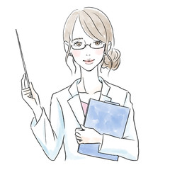 指示棒を持ち笑顔の白衣メガネの女性