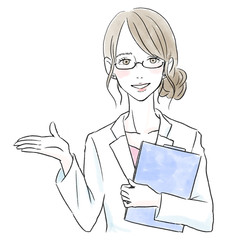 笑顔で手を差し出す白衣メガネの女性