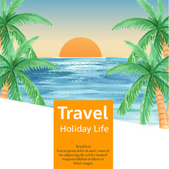 Social media Travel on Holiday summer the beach Palm tree vacation, sea and sky sunlight , creative  watercolor vector illustration design