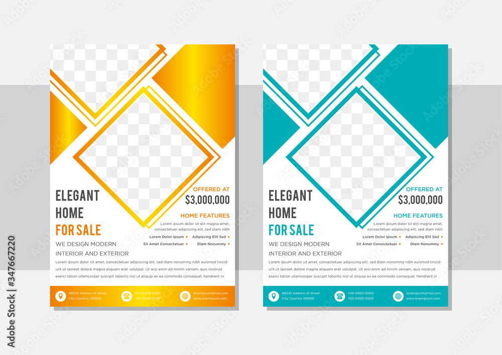 Poster set of blue and orange gradient colors of vertical flyer with square shape element for space for the
