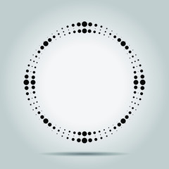 Black vector shape in circle form. Geometric art. Halftone dots. Trendy design element for frame, logo, tattoo, sign, symbol, web, prints, posters, template, pattern and abstract background