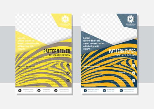 set of abstract flyer use vertical layout. Space for photo on top.  Zebra skin pattern on background use combination yellow brown and orange blue color. 