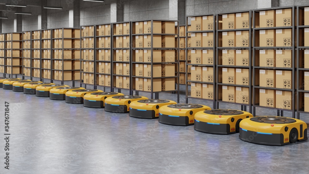 Poster warehouse in logistic center with automated guided vehicle is a delivery vehicle.