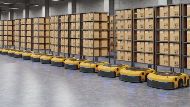 Warehouse in logistic center with Automated guided vehicle Is a delivery vehicle.
