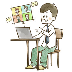 リモートワーク・オンライン会議をする男性-水彩