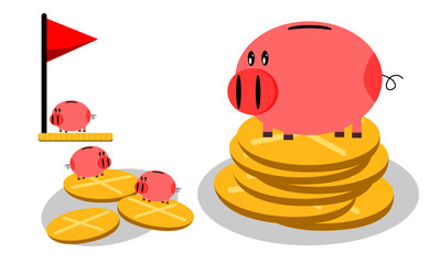 Concept saving money. Pink cute pig piggy bank on golden coin with red flag vector.