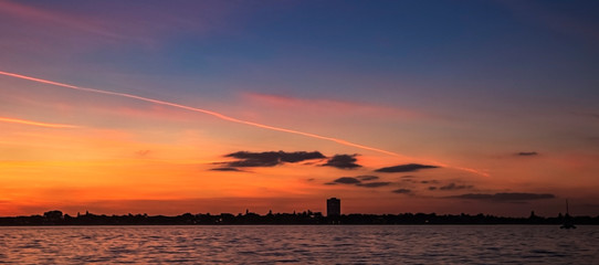 sunset over the city, sea, sky, water, cloud, clouds, red, skyline, cityscape, building, beautiful, Sarasota, Florida