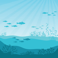 Undersea coral reef. Undersea panorama vector illustration. Beautiful marine ecosystem and wildlife in blue ocean. Underwater ocean fauna with coral reef, seaweed, plants and fishes silhouettes.