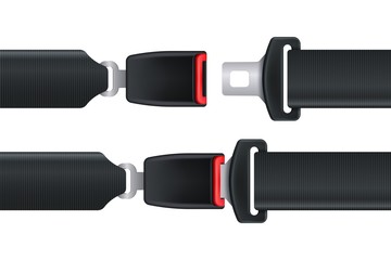 Seat belt. Isolated seatbelt for car or airplane safety concept. Open and closed seat belt vector illustration. Safe drive passenger concept on white background