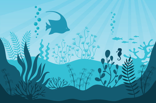 Aquarium life. Silhouettes of coral reef with fishes in blue water. Tropical aquarium with seaweed and its inhabitants vector illustration. Beautiful marine underwater wildlife panorama.