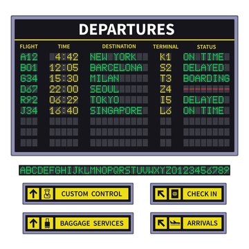 Departure board. Airport board announcement of canceled and delay flight or train departure. Led screen timetable with digital font for station destination departure. Airport infographic sign set.