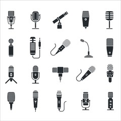 Mic icon. Radio and music microphone icon set. Modern voice mike and retro radio mic stand on white background.