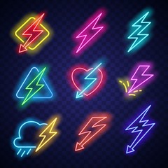 Neon lighting bolt. Vector arrow electric glow for bar or casino sign. Lighting bolt logo with electric energy neon light of blue and red color isolated set.