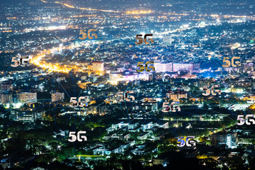 5G information technology and business communication worldwide, City network concept,  double exposure banner background