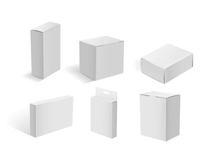 White cardboard boxes. Blank white packaging container mockups vector illustration. Realistic cardboard boxes set isolated on white background. Various rectangular paper boxes for product branding.