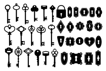 Key silhouette. Vintage key skeleton and keyhole silhouette vector set. Heart shape black key isolated on white background.