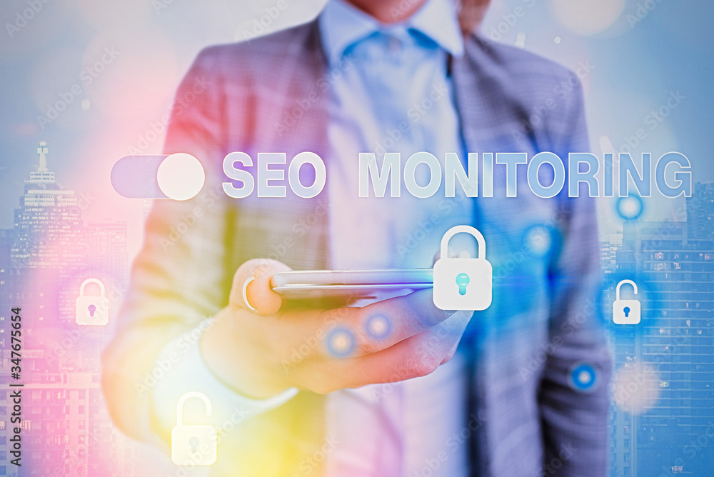 Poster text sign showing seo monitoring. business photo showcasing tracking the progress of strategy made i