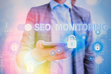 Text sign showing Seo Monitoring. Business photo showcasing Tracking the progress of strategy made...